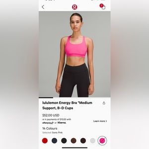 Lululemon Energy Bra size 14 Sonic Pink only worn once
